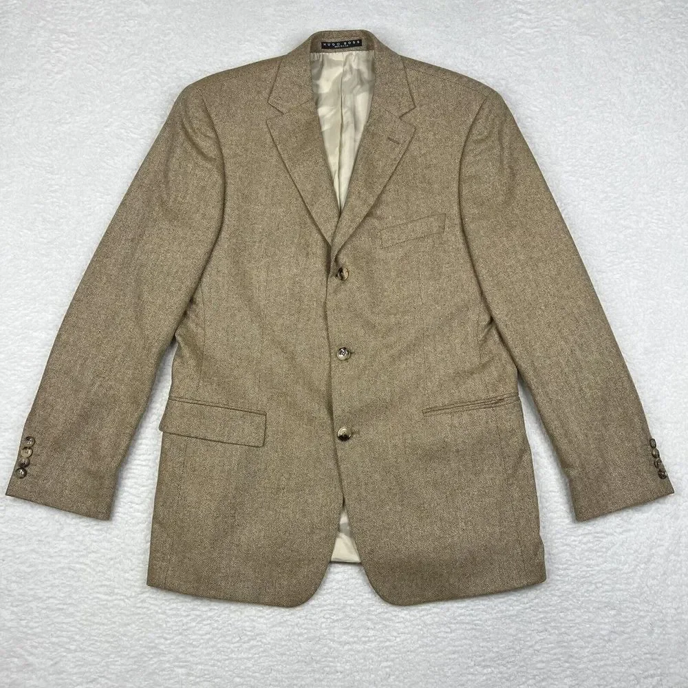 Hugo Boss Blazer Mens 42 R Beige Cashmere Sport Coat Suit Jacket 3‎ Button USA